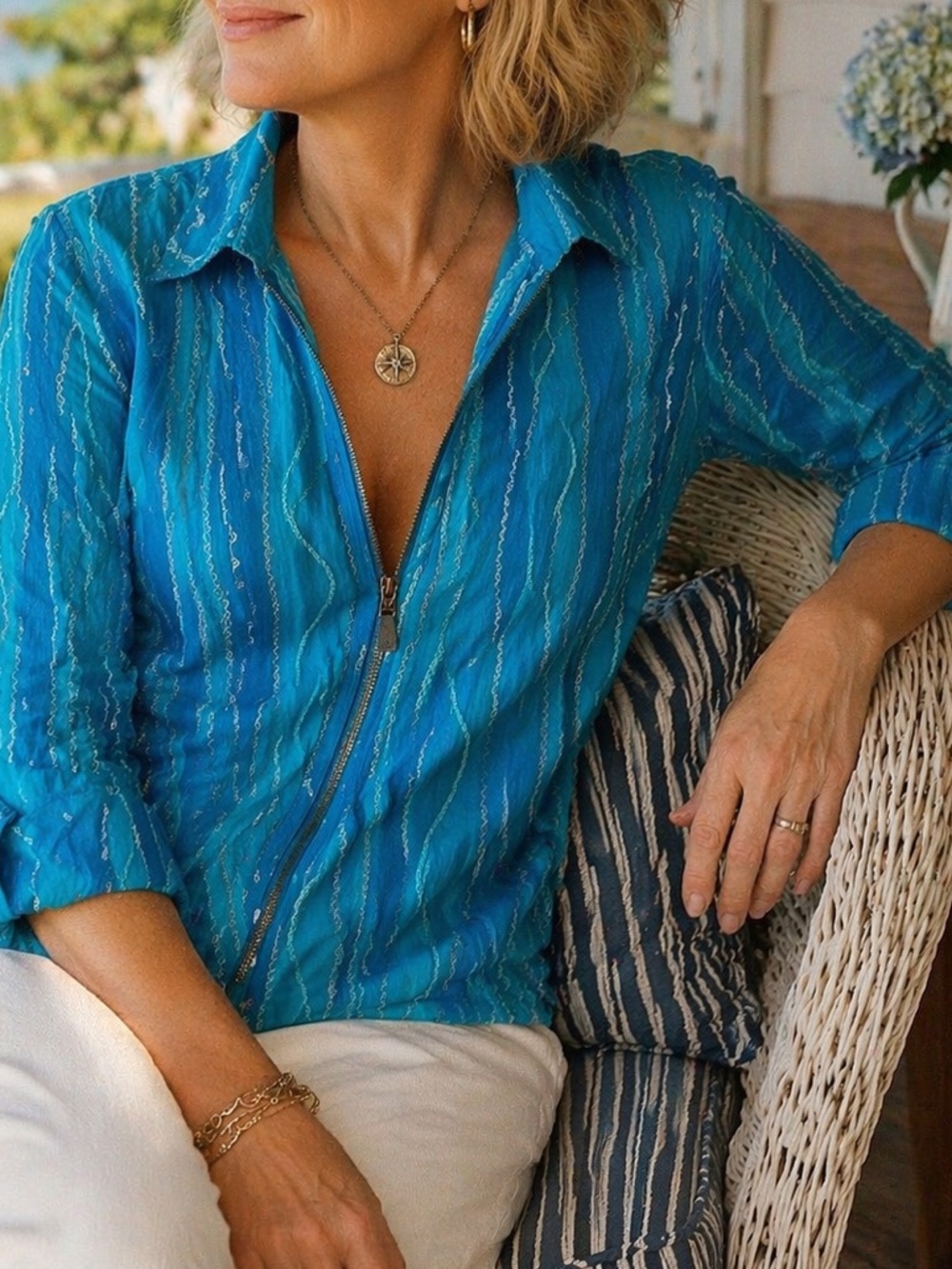 Coldwater Creek Zip Front Blouse Petite XL Blue Lightweight Vintage Top